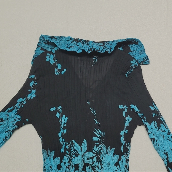 Gothic Vintage Lace-up Corset Black Teal Long Flare Sleeve Plisse Pleated Blouse - Picture 9 of 11